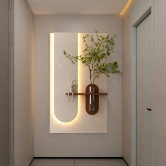 Adjustable 3 - Color LED Sandstone Wall Decor with Simulated Green Plants - 3D Art Sculpture, Glass Vase Rabbit Statue, Remote Control Light Strips Living Room, Bedroom, Hallway