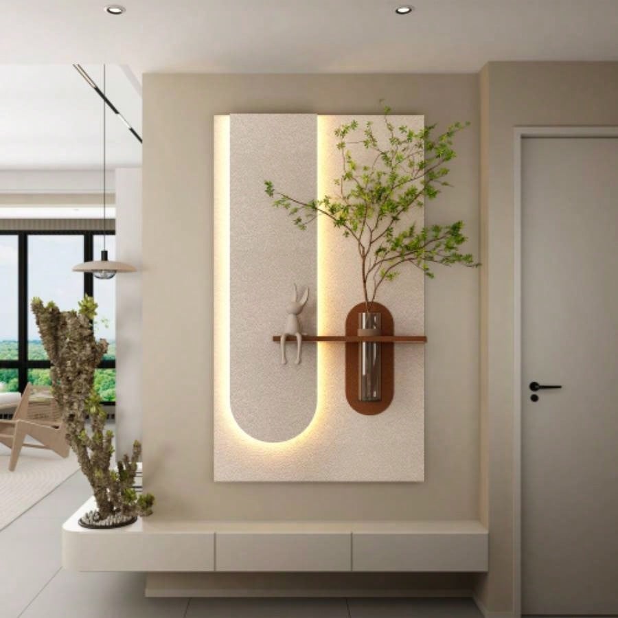 Adjustable 3 - Color LED Sandstone Wall Decor with Simulated Green Plants - 3D Art Sculpture, Glass Vase Rabbit Statue, Remote Control Light Strips Living Room, Bedroom, Hallway