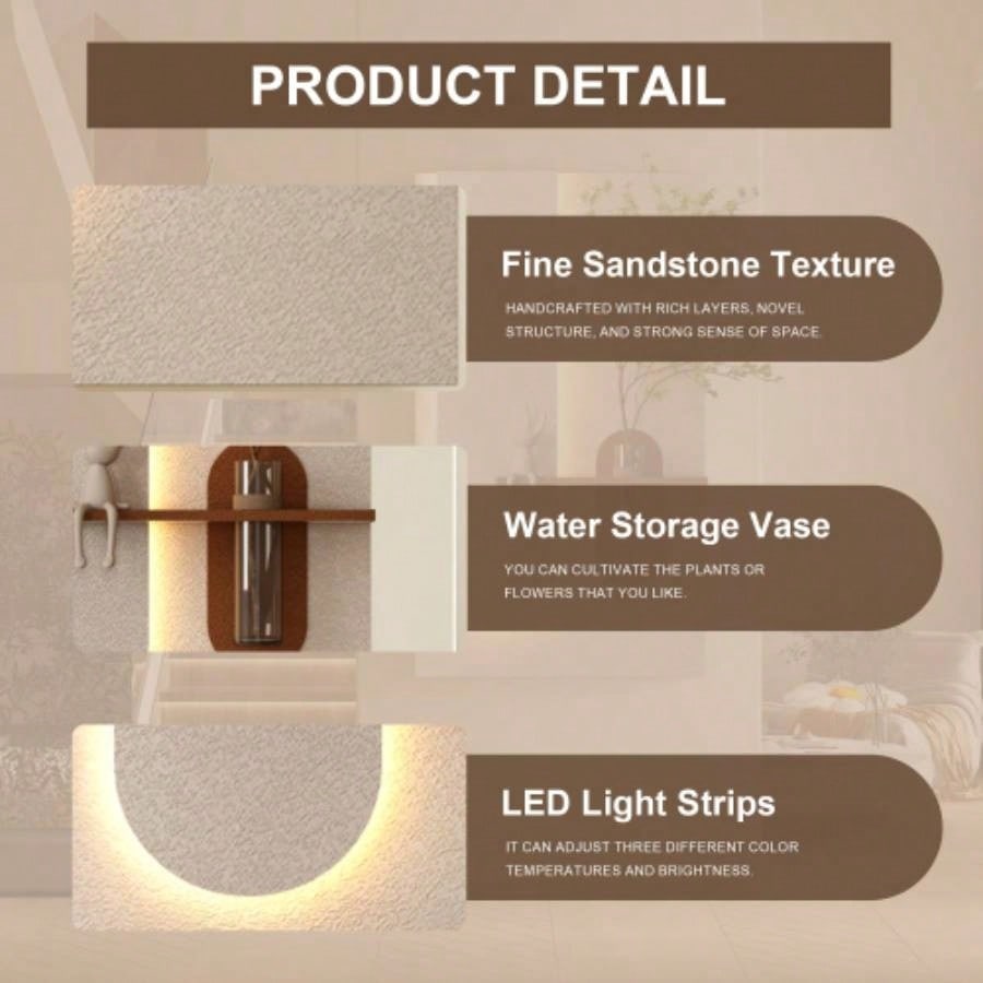 Adjustable 3 - Color LED Sandstone Wall Decor with Simulated Green Plants - 3D Art Sculpture, Glass Vase Rabbit Statue, Remote Control Light Strips Living Room, Bedroom, Hallway