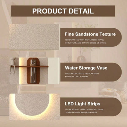 Adjustable 3 - Color LED Sandstone Wall Decor with Simulated Green Plants - 3D Art Sculpture, Glass Vase Rabbit Statue, Remote Control Light Strips Living Room, Bedroom, Hallway
