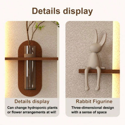 Adjustable 3 - Color LED Sandstone Wall Decor with Simulated Green Plants - 3D Art Sculpture, Glass Vase Rabbit Statue, Remote Control Light Strips Living Room, Bedroom, Hallway