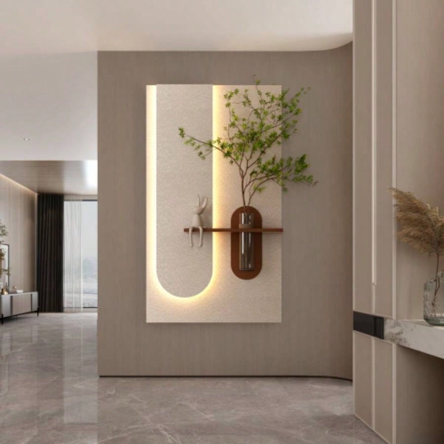 Adjustable 3 - Color LED Sandstone Wall Decor with Simulated Green Plants - 3D Art Sculpture, Glass Vase Rabbit Statue, Remote Control Light Strips Living Room, Bedroom, Hallway