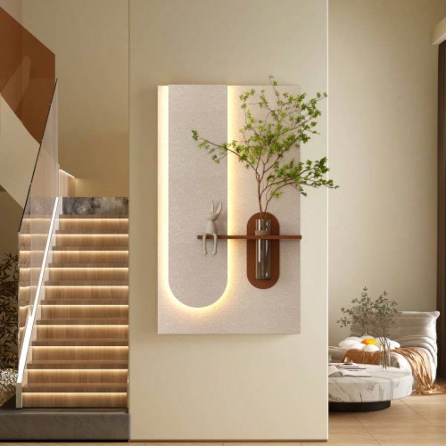 Adjustable 3 - Color LED Sandstone Wall Decor with Simulated Green Plants - 3D Art Sculpture, Glass Vase Rabbit Statue, Remote Control Light Strips Living Room, Bedroom, Hallway