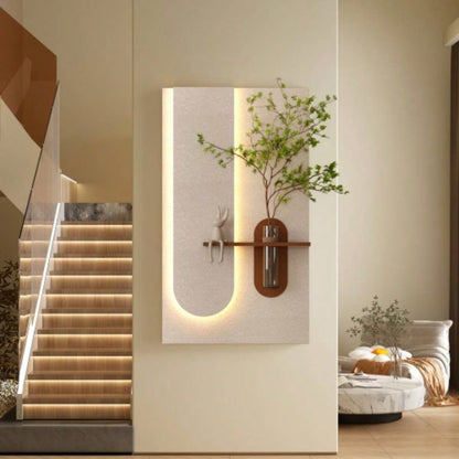 Adjustable 3 - Color LED Sandstone Wall Decor with Simulated Green Plants - 3D Art Sculpture, Glass Vase Rabbit Statue, Remote Control Light Strips Living Room, Bedroom, Hallway