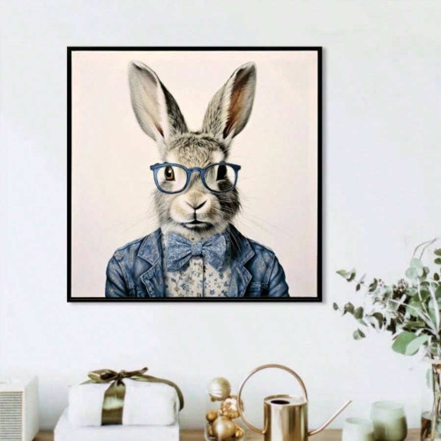 Gallery Wrapped Canvas Wall Art - Dapper Bunny in Tailored Cobalt Blue Suit, Modern Animal Portrait Framed Print Lounge/Office Decor decorative picture painting