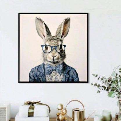 Gallery Wrapped Canvas Wall Art - Dapper Bunny in Tailored Cobalt Blue Suit, Modern Animal Portrait Framed Print Lounge/Office Decor decorative picture painting