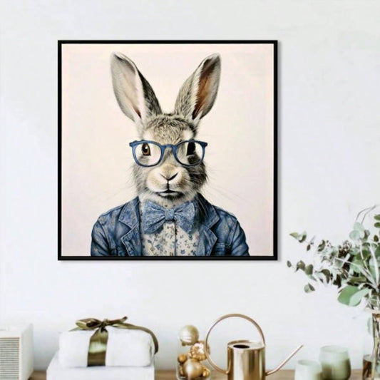 Gallery Wrapped Canvas Wall Art - Dapper Bunny in Tailored Cobalt Blue Suit, Modern Animal Portrait Framed Print Lounge/Office Decor decorative picture painting