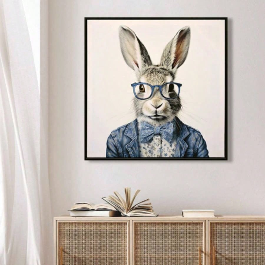 Gallery Wrapped Canvas Wall Art - Dapper Bunny in Tailored Cobalt Blue Suit, Modern Animal Portrait Framed Print Lounge/Office Decor decorative picture painting