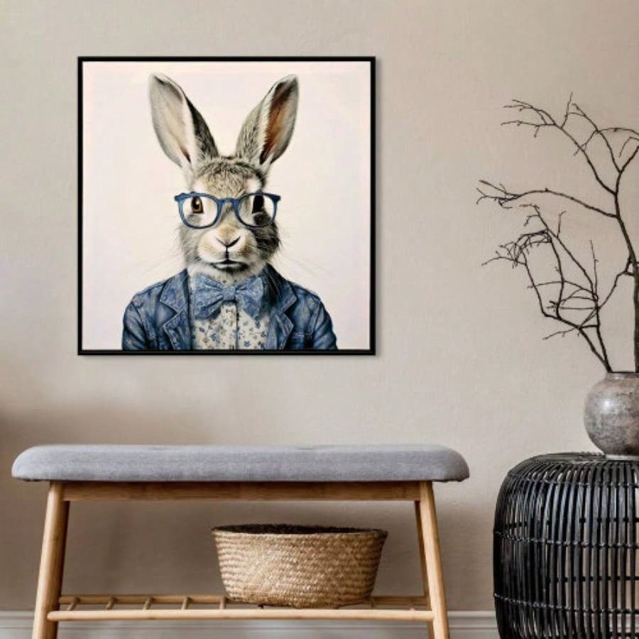 Gallery Wrapped Canvas Wall Art - Dapper Bunny in Tailored Cobalt Blue Suit, Modern Animal Portrait Framed Print Lounge/Office Decor decorative picture painting