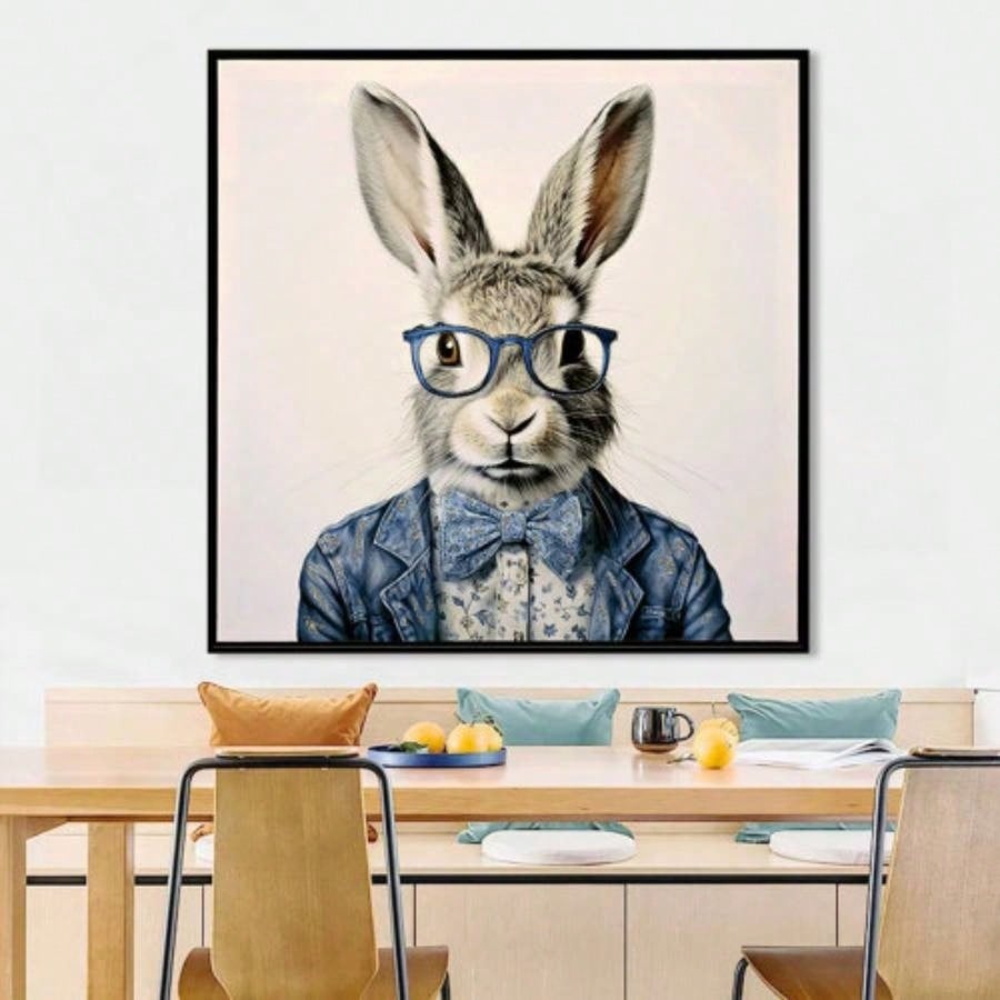 Gallery Wrapped Canvas Wall Art - Dapper Bunny in Tailored Cobalt Blue Suit, Modern Animal Portrait Framed Print Lounge/Office Decor decorative picture painting