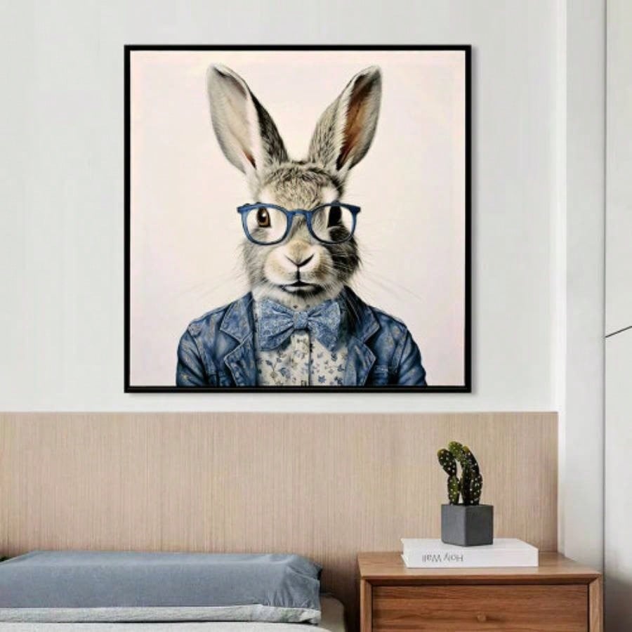 Gallery Wrapped Canvas Wall Art - Dapper Bunny in Tailored Cobalt Blue Suit, Modern Animal Portrait Framed Print Lounge/Office Decor decorative picture painting