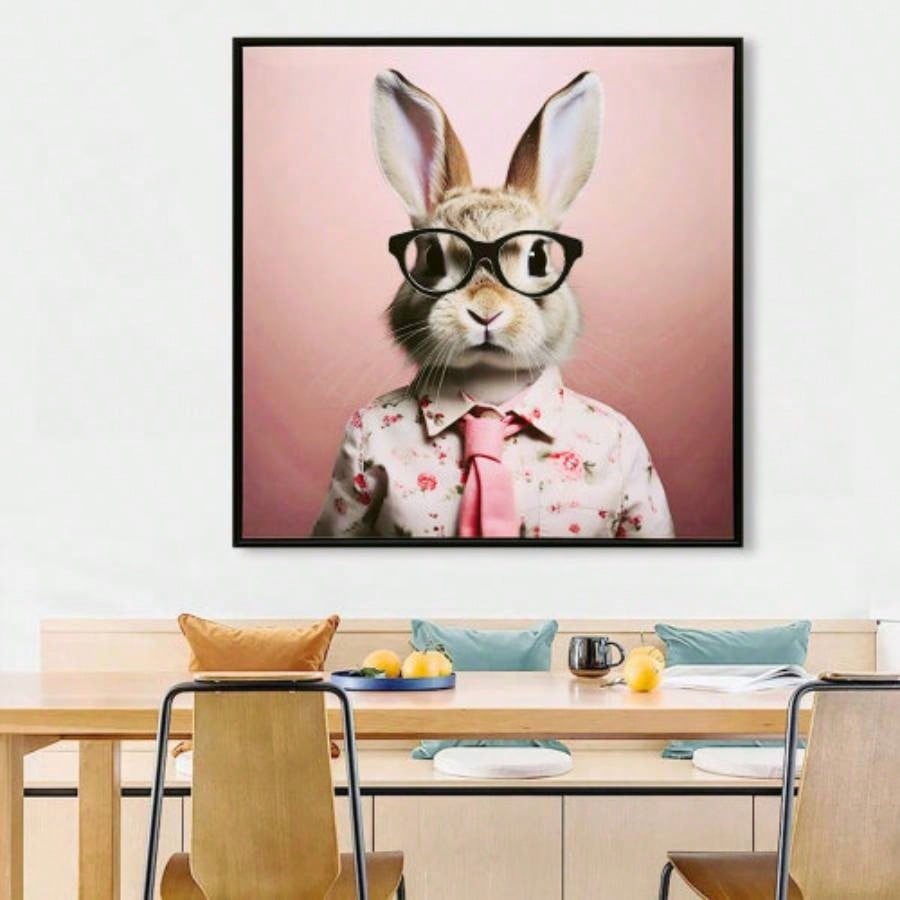 Stretched Canvas Print - Whimsical Rabbit in Blush Pink Suit Nursery and Bedroom Wall Decoration decorative picture