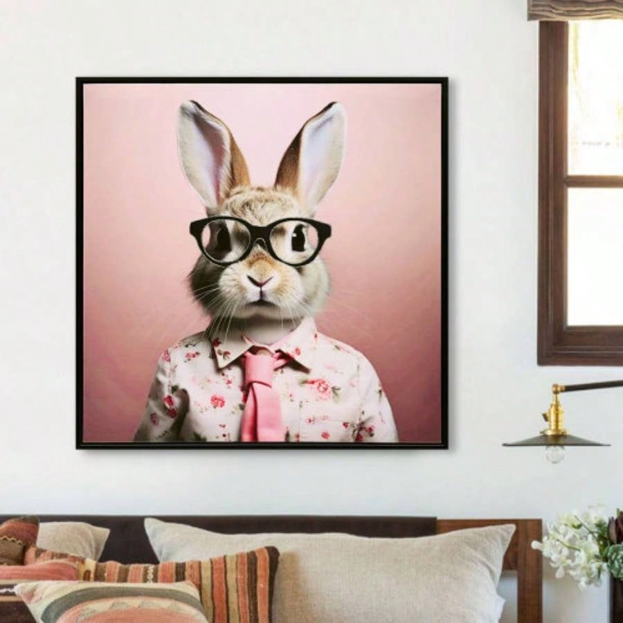 Stretched Canvas Print - Whimsical Rabbit in Blush Pink Suit Nursery and Bedroom Wall Decoration decorative picture
