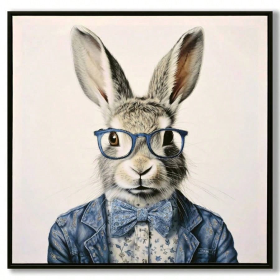 Gallery Wrapped Canvas Wall Art - Dapper Bunny in Tailored Cobalt Blue Suit, Modern Animal Portrait Framed Print Lounge/Office Decor decorative picture painting