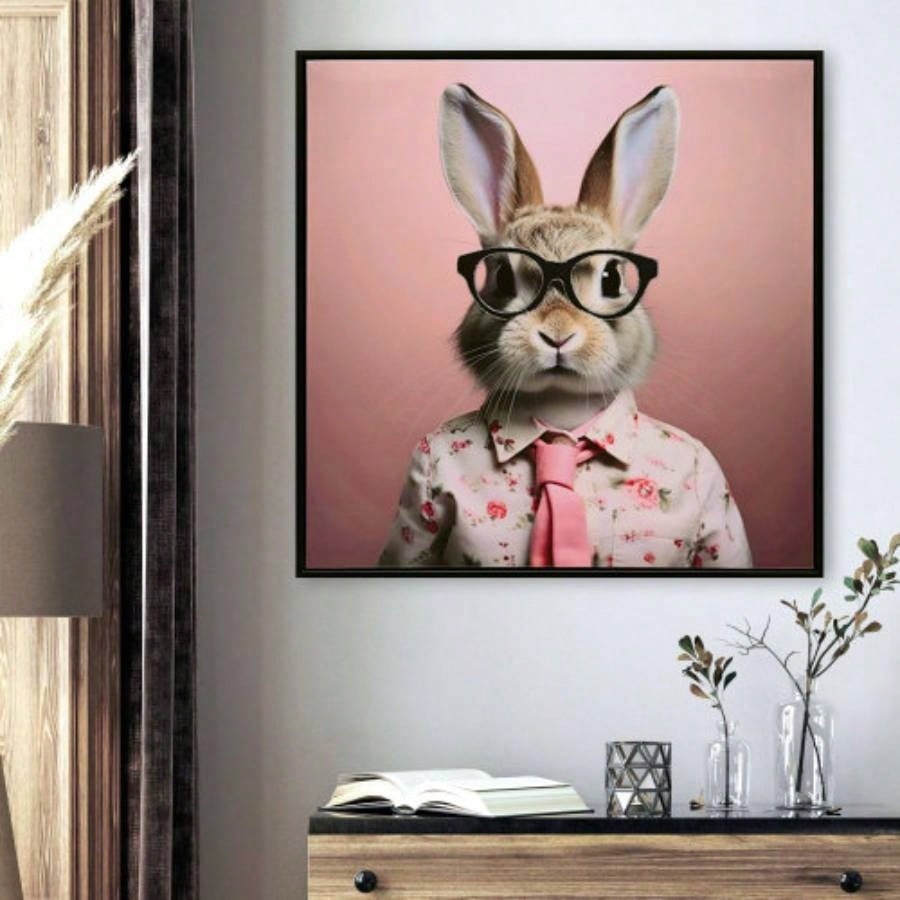 Stretched Canvas Print - Whimsical Rabbit in Blush Pink Suit Nursery and Bedroom Wall Decoration decorative picture