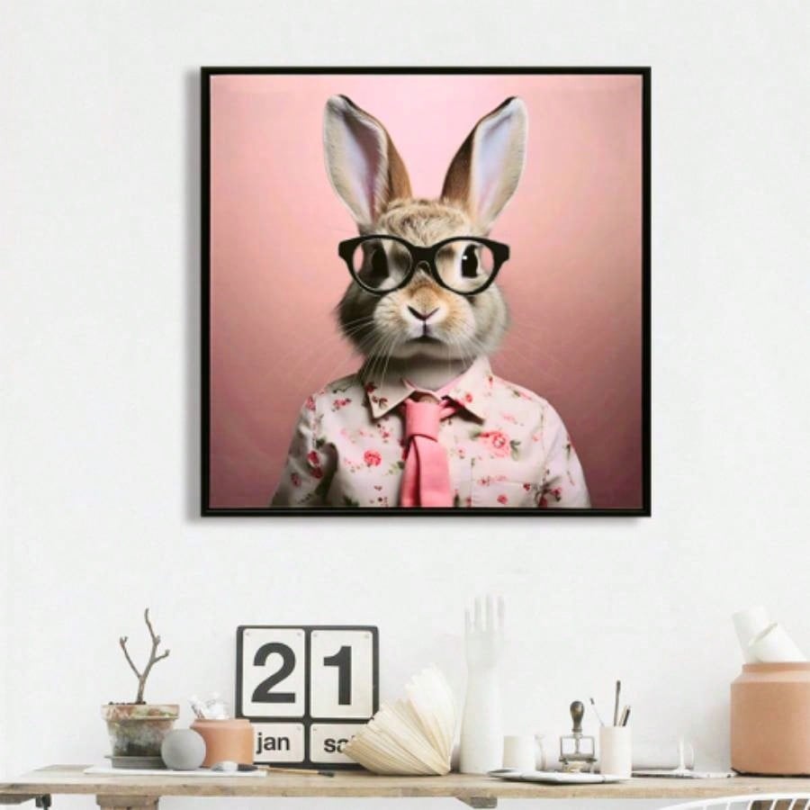 Stretched Canvas Print - Whimsical Rabbit in Blush Pink Suit Nursery and Bedroom Wall Decoration decorative picture