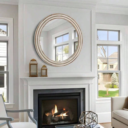 23.62 inches Wood Round Decorative Mirrors Wall Decor, Rustic Circle Mirror Bedroom, Bathroom, Living Room, Entryway Mirror Home and Office with beads