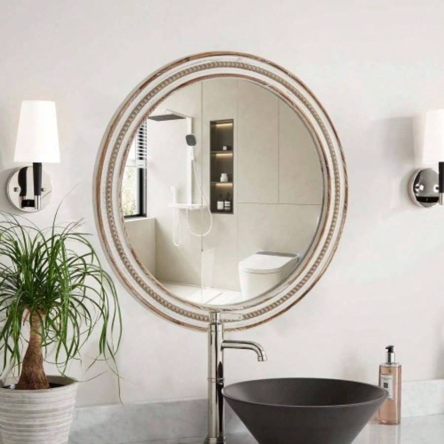 23.62 inches Wood Round Decorative Mirrors Wall Decor, Rustic Circle Mirror Bedroom, Bathroom, Living Room, Entryway Mirror Home and Office with beads