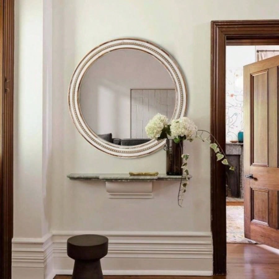 23.62 inches Wood Round Decorative Mirrors Wall Decor, Rustic Circle Mirror Bedroom, Bathroom, Living Room, Entryway Mirror Home and Office with beads