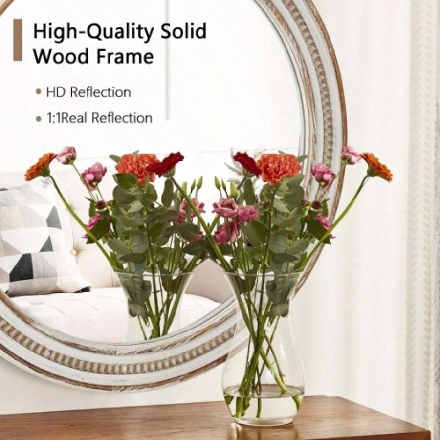 23.62 inches Wood Round Decorative Mirrors Wall Decor, Rustic Circle Mirror Bedroom, Bathroom, Living Room, Entryway Mirror Home and Office with beads