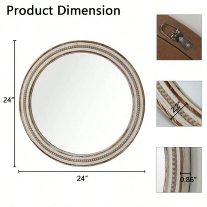 23.62 inches Wood Round Decorative Mirrors Wall Decor, Rustic Circle Mirror Bedroom, Bathroom, Living Room, Entryway Mirror Home and Office with beads