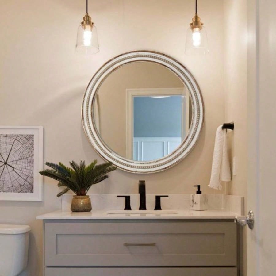 23.62 inches Wood Round Decorative Mirrors Wall Decor, Rustic Circle Mirror Bedroom, Bathroom, Living Room, Entryway Mirror Home and Office with beads