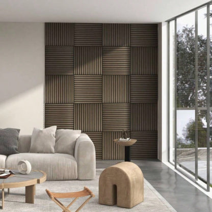 HOMCOM 4 Pack 3D Faux Wood Wall Panels, 24x 24 Sound Absorbing Acoustic Panels, Wood Slat Wall Panels Interior Wall Decor, Ceiling, Walnut