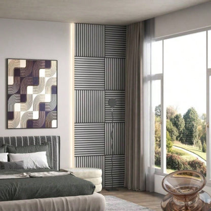 HOMCOM 4 Pack 3D Faux Wood Wall Panels, 24x 24 Sound Absorbing Acoustic Panels, Wood Slat Wall Panels Interior Wall Decor, Ceiling, Gray