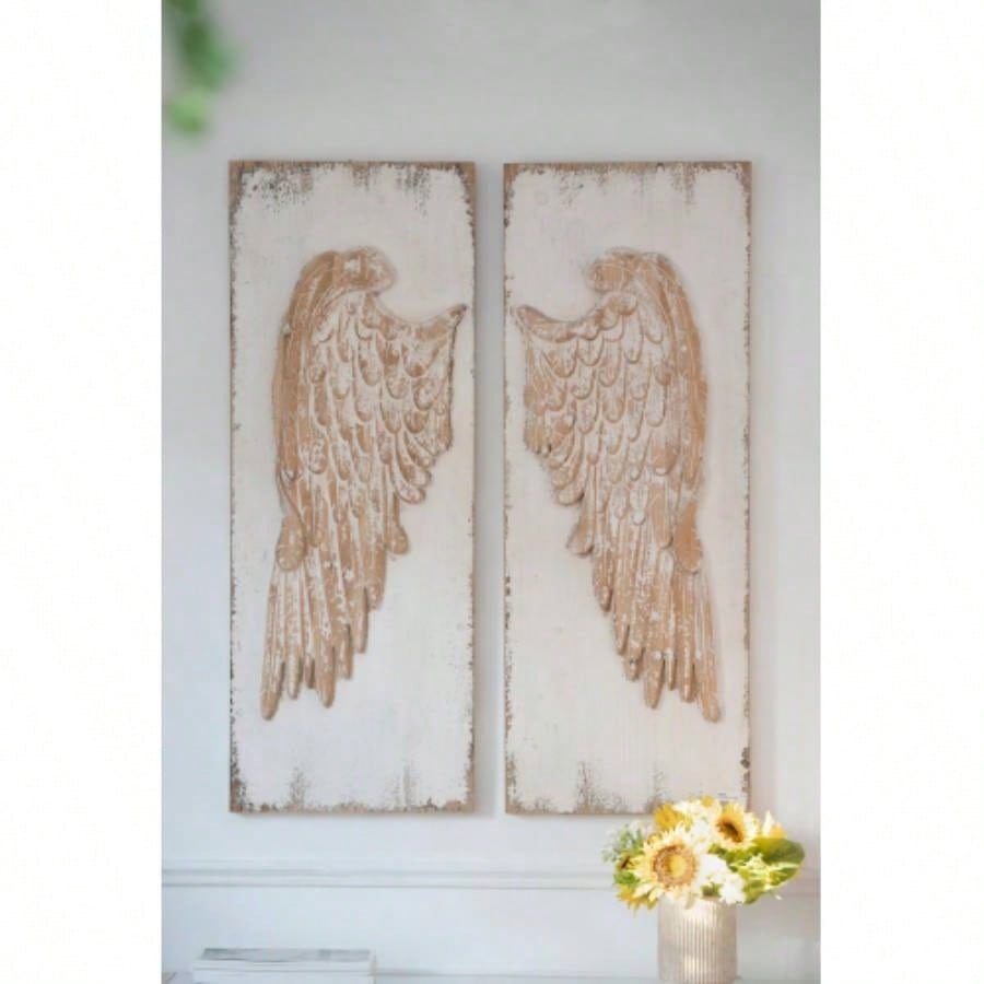 Set of 2 Wing Wall Panels with Distressed White, Rectangle Hanging Wall Art, 42x 15.5