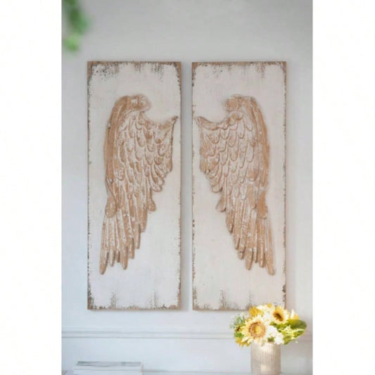 Set of 2 Wing Wall Panels with Distressed White, Rectangle Hanging Wall Art, 42x 15.5
