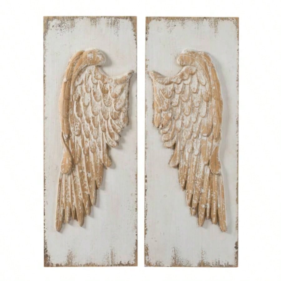 Set of 2 Wing Wall Panels with Distressed White, Rectangle Hanging Wall Art, 42x 15.5