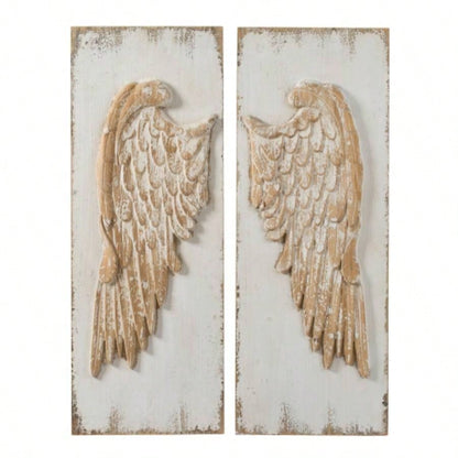 Set of 2 Wing Wall Panels with Distressed White, Rectangle Hanging Wall Art, 42x 15.5