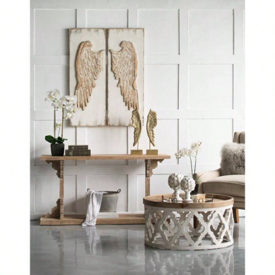 Set of 2 Wing Wall Panels with Distressed White, Rectangle Hanging Wall Art, 42x 15.5