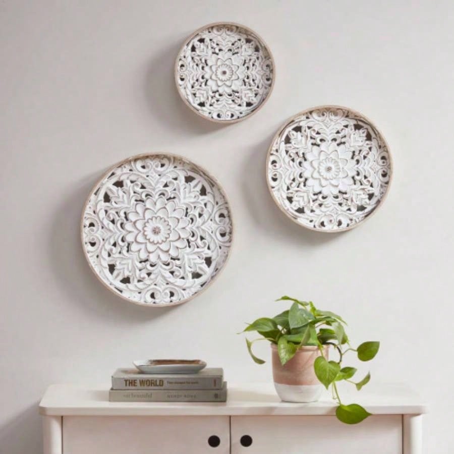 Distressed White Floral 3 - piece Carved Wood Wall Decor Set