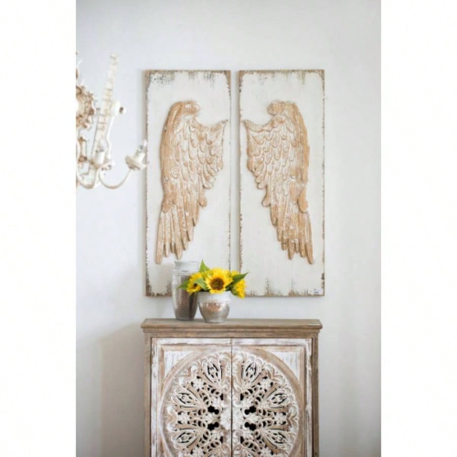 Set of 2 Wing Wall Panels with Distressed White, Rectangle Hanging Wall Art, 42x 15.5