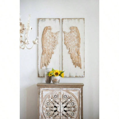 Set of 2 Wing Wall Panels with Distressed White, Rectangle Hanging Wall Art, 42x 15.5