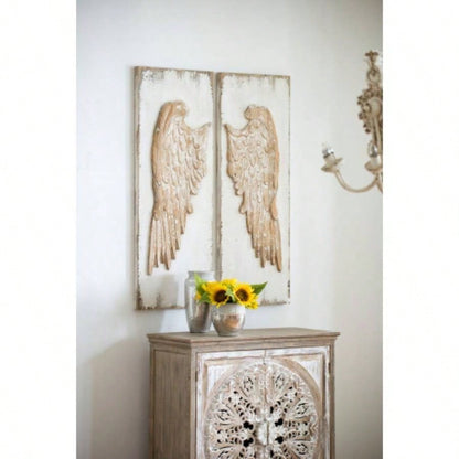 Set of 2 Wing Wall Panels with Distressed White, Rectangle Hanging Wall Art, 42x 15.5