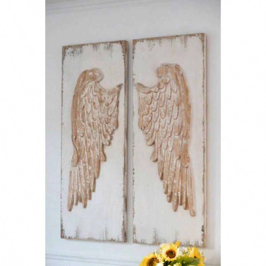 Set of 2 Wing Wall Panels with Distressed White, Rectangle Hanging Wall Art, 42x 15.5