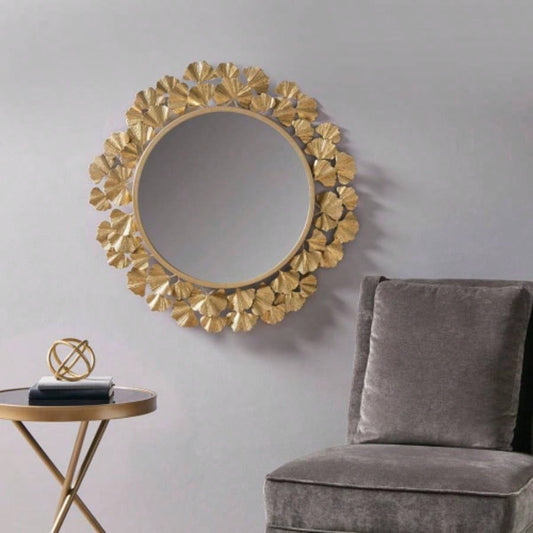 Gold Gingko Leaf Round Wall Mirror 30.5