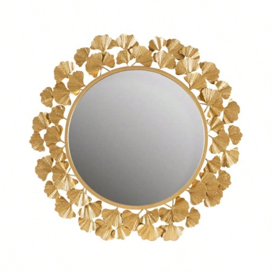 Gold Gingko Leaf Round Wall Mirror 30.5