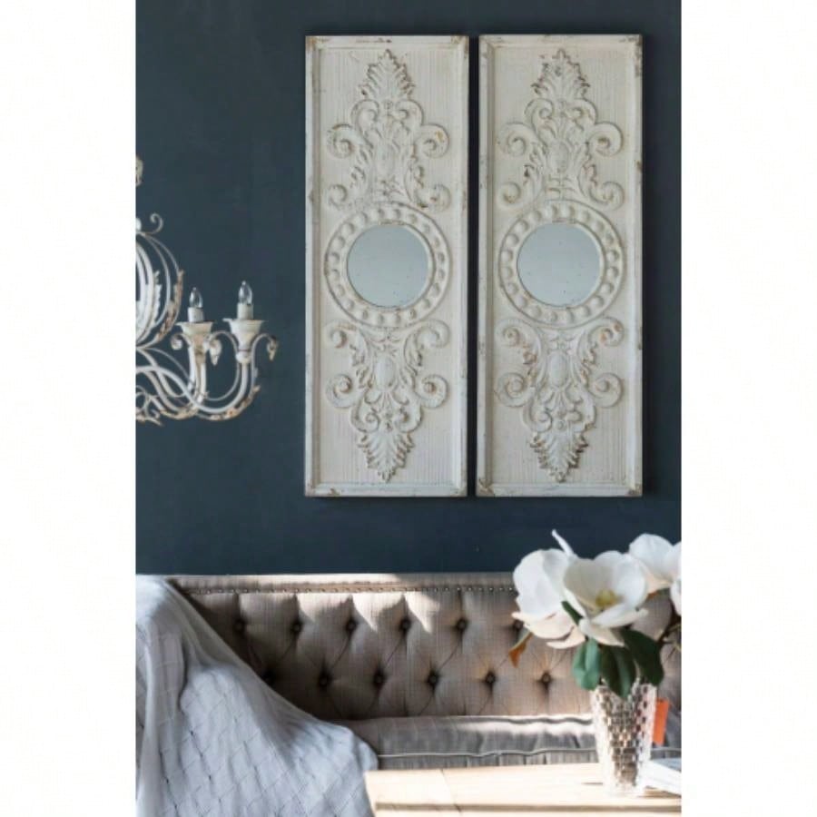 Set of 2 Large Wooden Wall Art Panels with Distressed White and Round Mirror Accents, 17x 48
