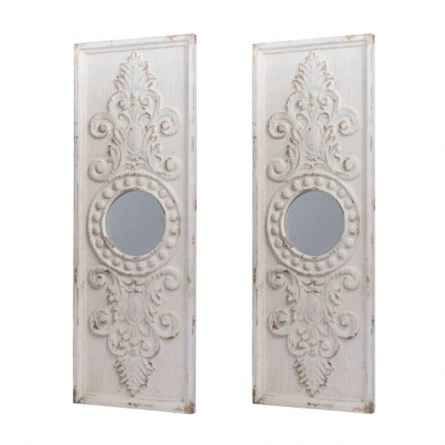 Set of 2 Large Wooden Wall Art Panels with Distressed White and Round Mirror Accents, 17x 48