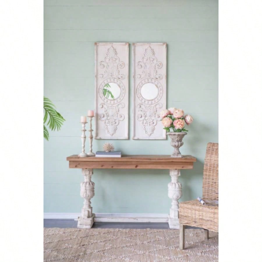 Set of 2 Large Wooden Wall Art Panels with Distressed White and Round Mirror Accents, 17x 48