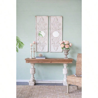Set of 2 Large Wooden Wall Art Panels with Distressed White and Round Mirror Accents, 17x 48