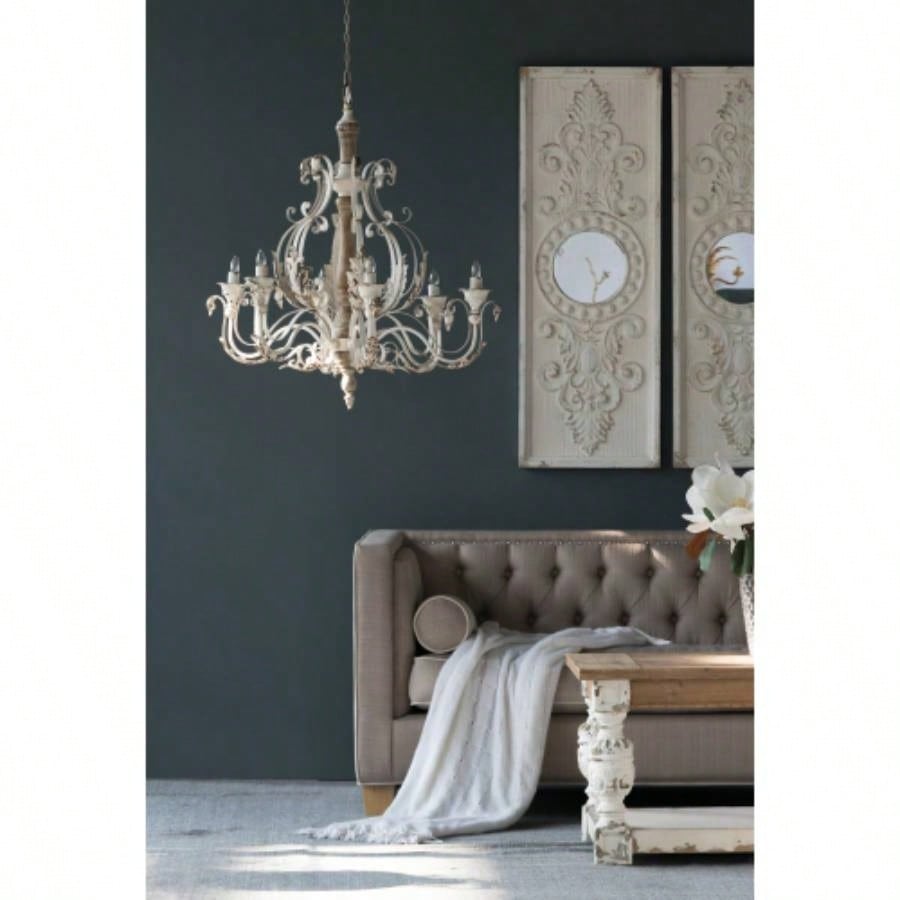 Set of 2 Large Wooden Wall Art Panels with Distressed White and Round Mirror Accents, 17x 48