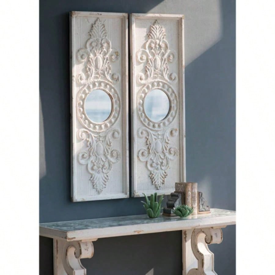 Set of 2 Large Wooden Wall Art Panels with Distressed White and Round Mirror Accents, 17x 48