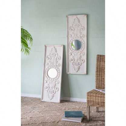 Set of 2 Large Wooden Wall Art Panels with Distressed White and Round Mirror Accents, 17x 48