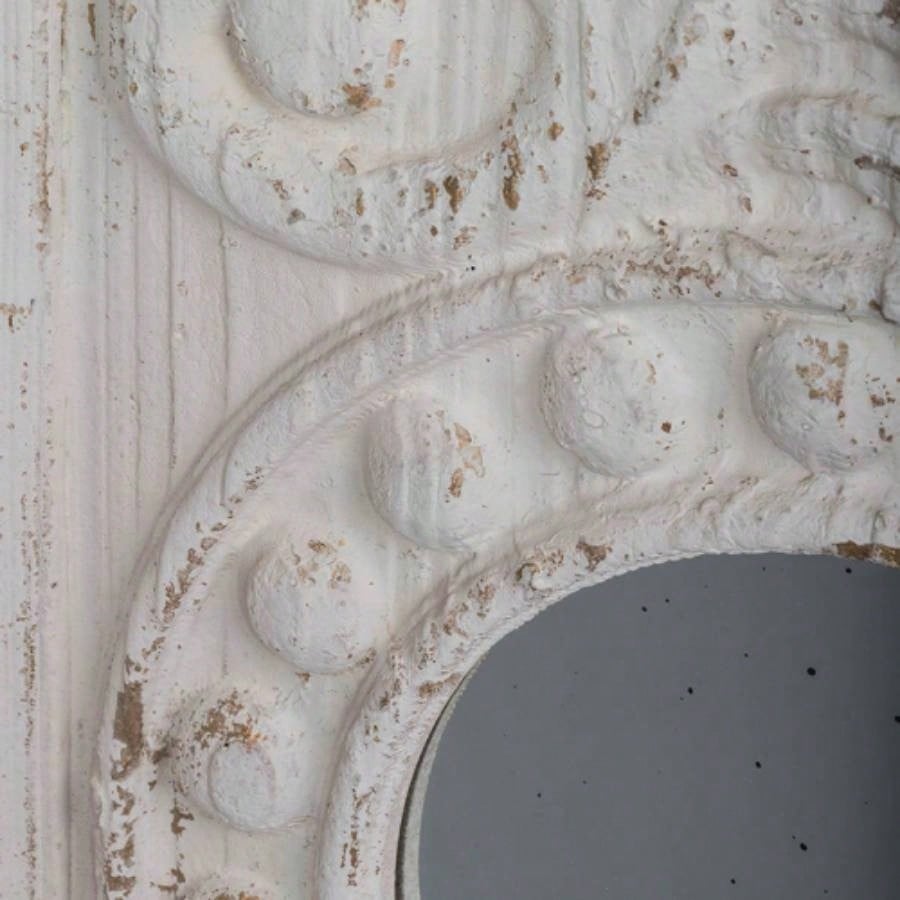 Set of 2 Large Wooden Wall Art Panels with Distressed White and Round Mirror Accents, 17x 48