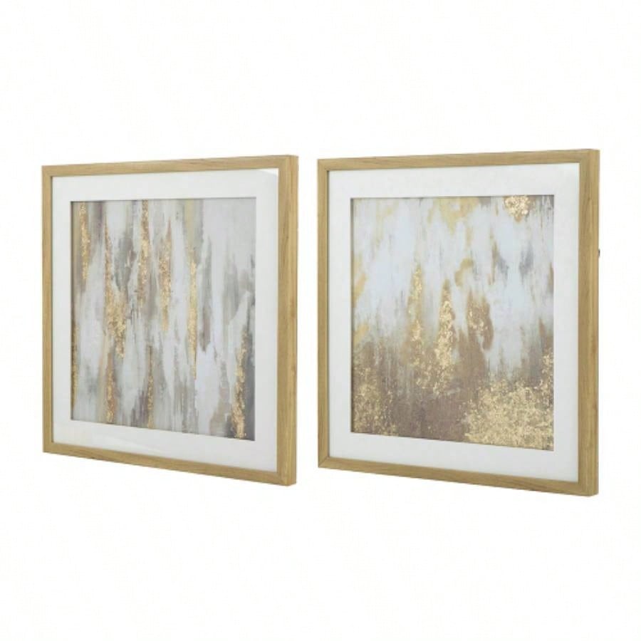 20.8x20.8x1.2 Framed Gold and Gray Wall Art with Glass Cover, Set of 2