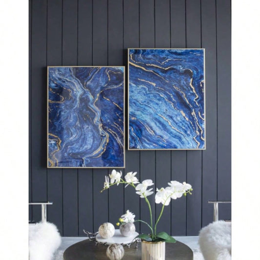 Set of 2 Blue and Gold Framed Art Panels, Unique Marbled Design, 30.5x 40